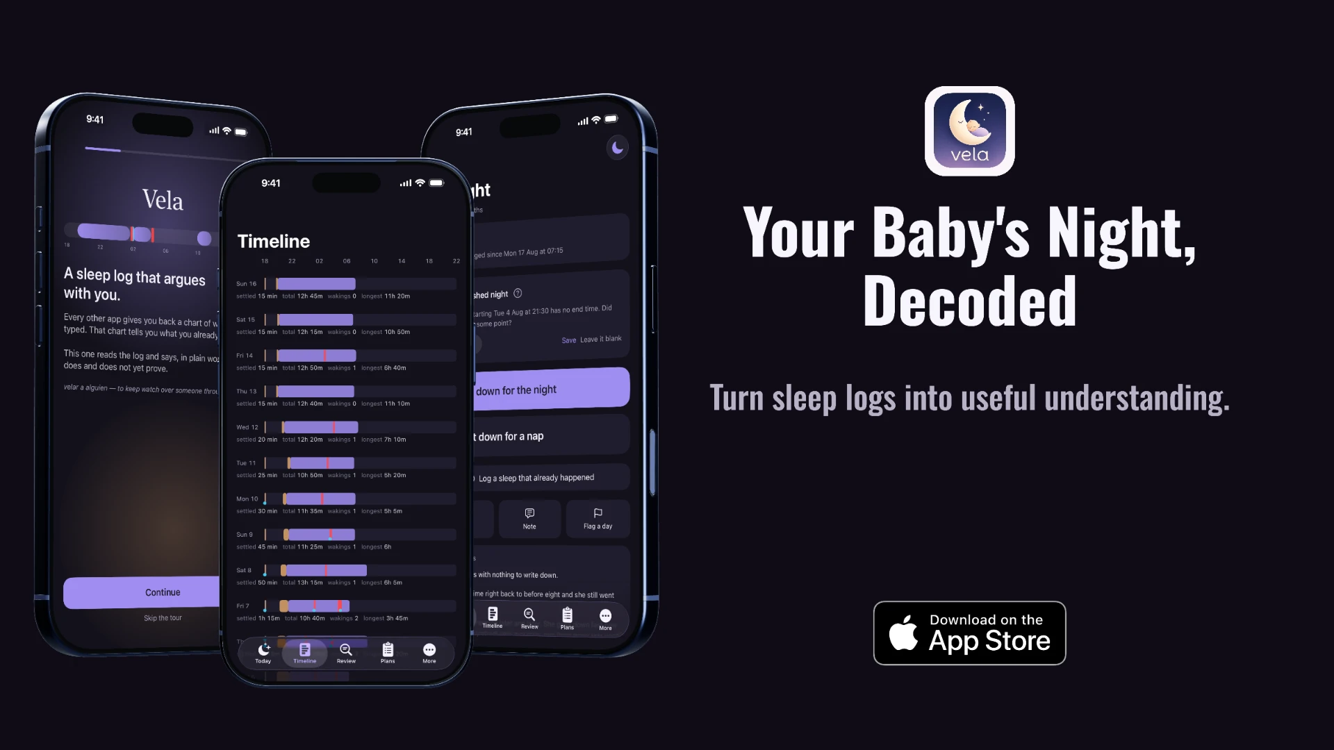 Vela on iPhone: onboarding, Timeline and Tonight screens beside the tagline “Your baby's night, decoded”.